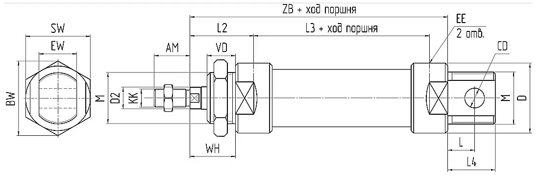 Чертеж минипневмоцилиндра МЦМ1 для крепления на переднем фланце