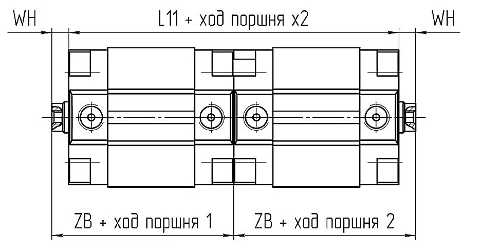 Чертеж многопозиционного пневмоцилиндра двухстороннего действия КЦ65 с габаритными размерами