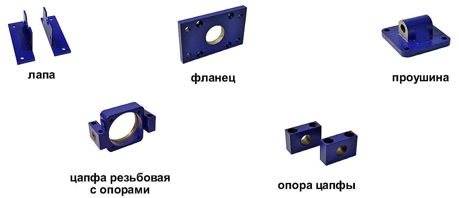 Полный ассортимент элементов крепления цилиндра ПЦ42: лапы, фланцы, проушины, цапфа